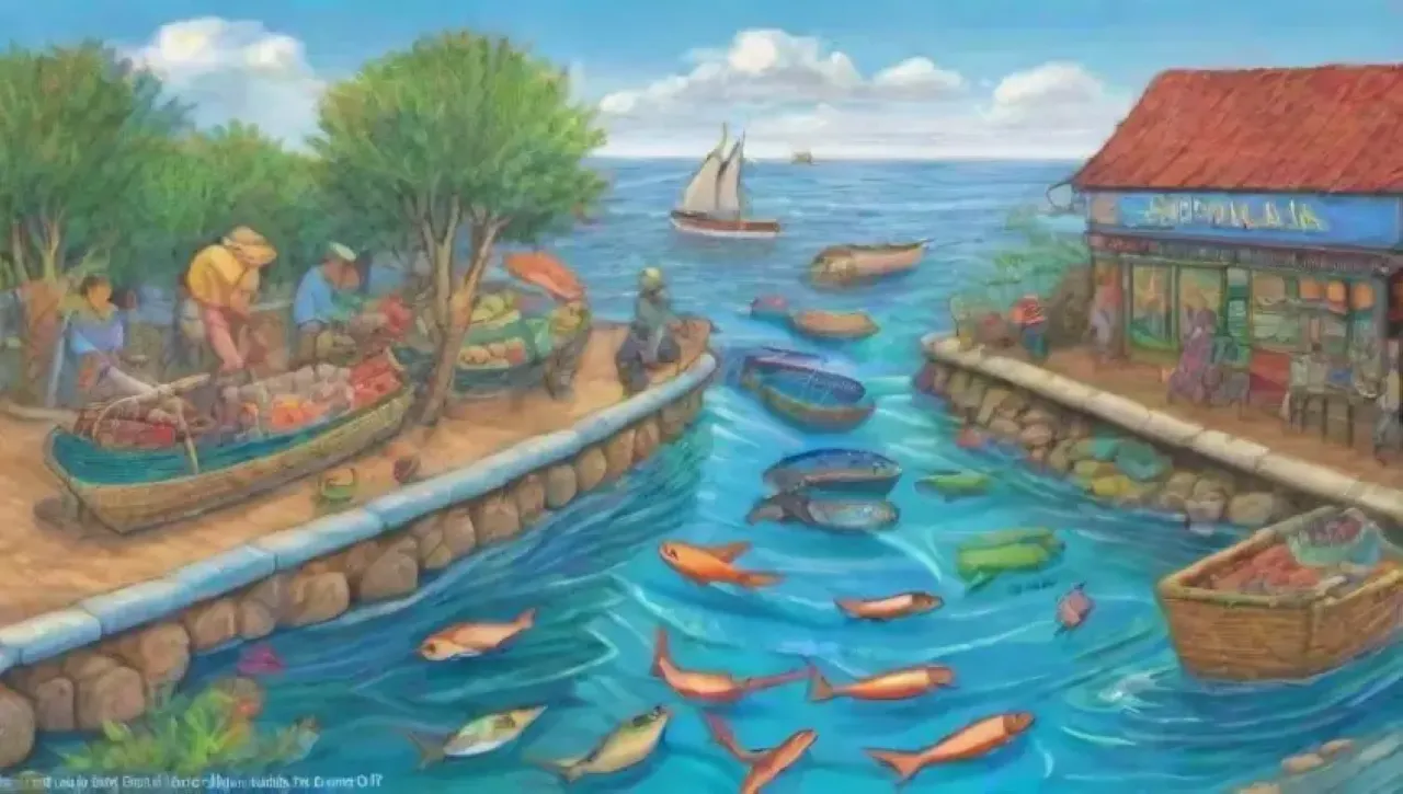 Escena marina vibrante con peces, coral, pesca sostenible y familias disfrutando de la vida costera