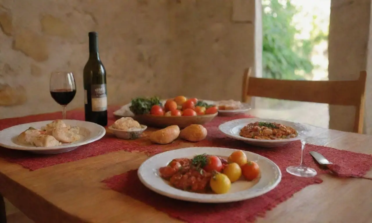 Platos croatas tradicionales con ingredientes frescos y vinos locales