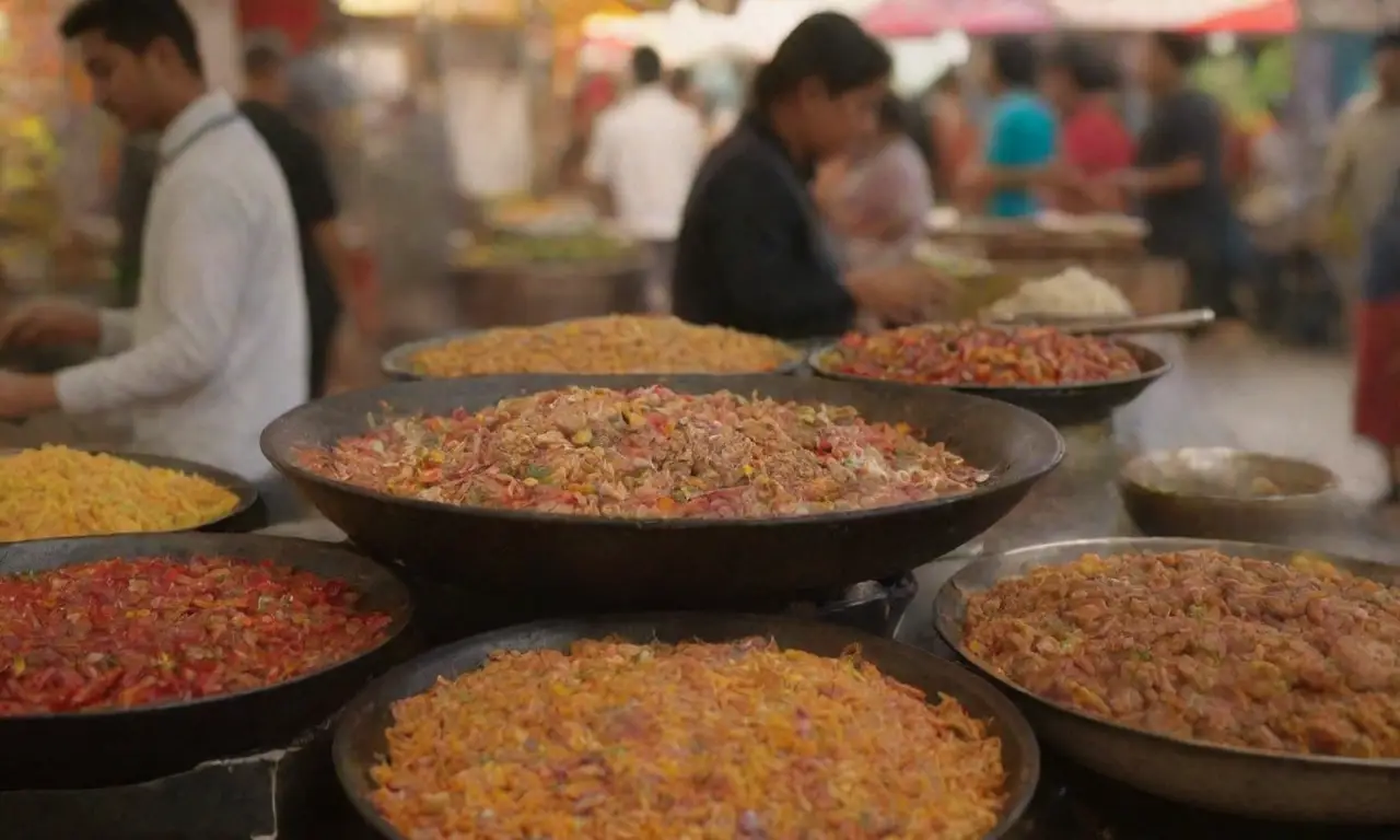 Comida callejera vibrante y deliciosa en mercados animados