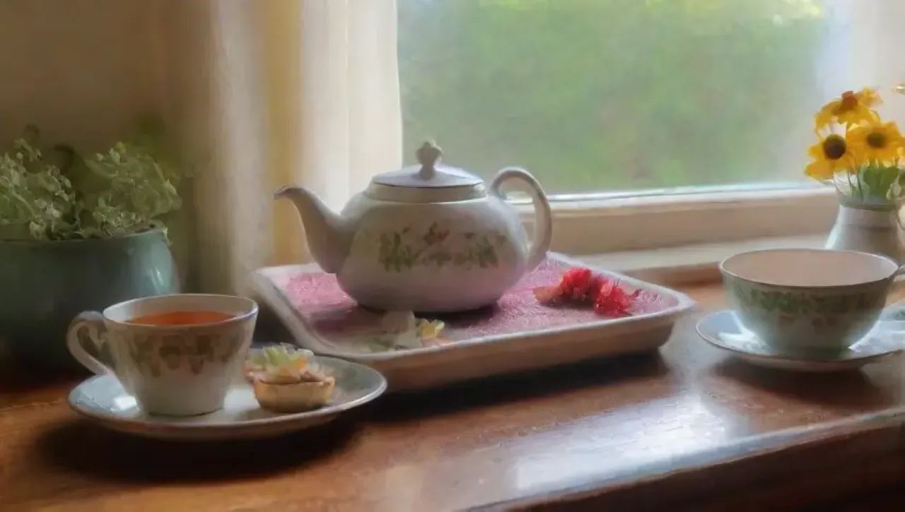 Un ambiente acogedor de té con colores suaves, tazas delicadas y aromas relajantes