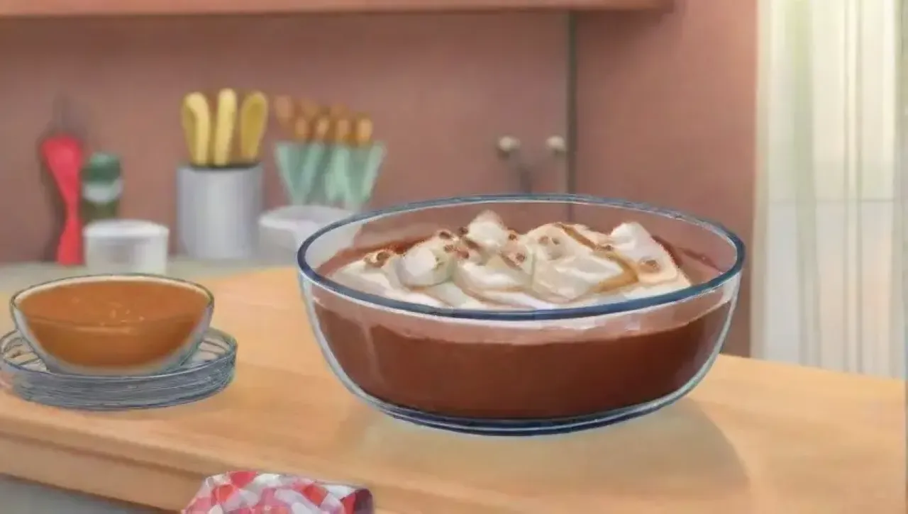 Una cocina luminosa crea un delicioso pudín de chocolate en un ambiente acogedor y familiar