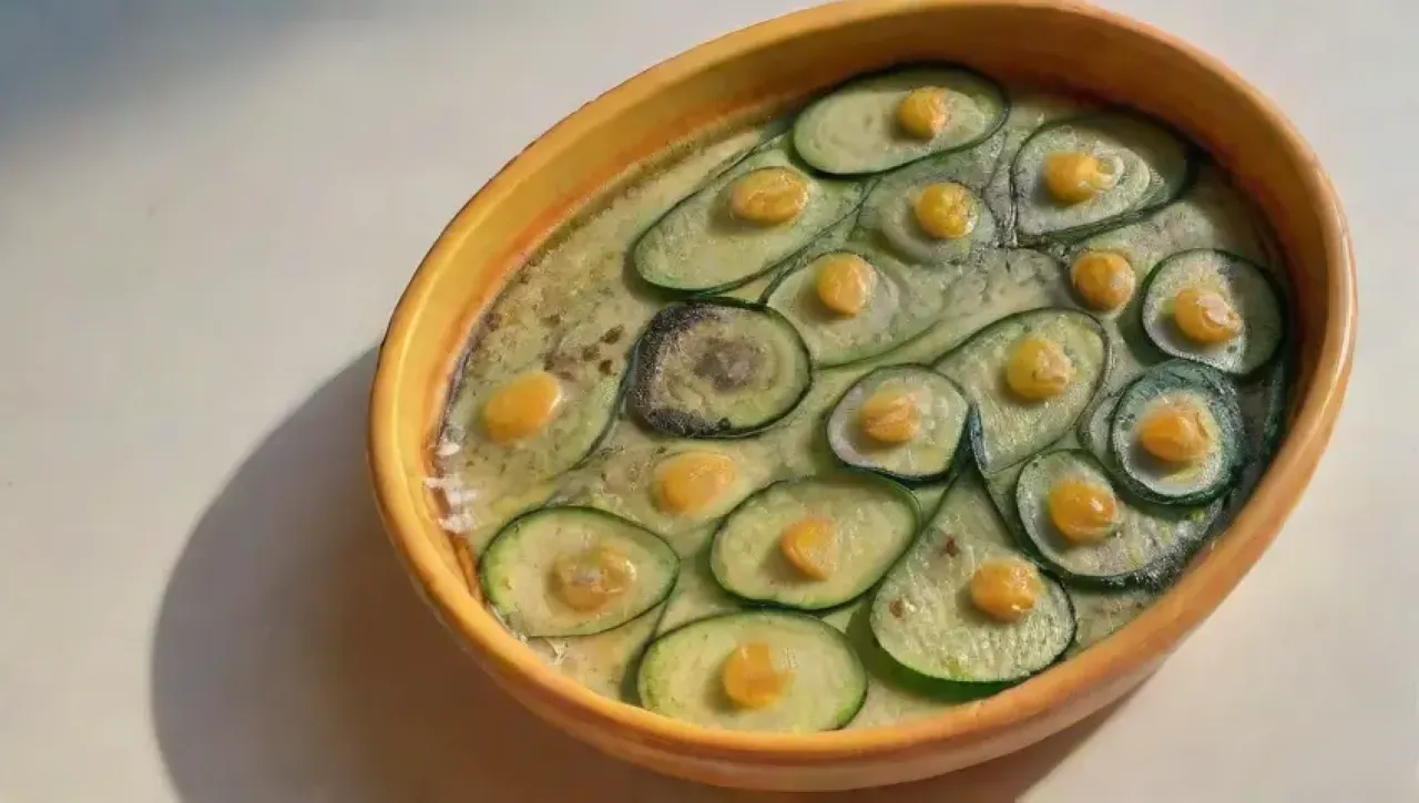 Una escena de cocina fresca con calabacines verdes, una omelet amarilla, tomates cherry y hierbas, todo iluminado por la luz del sol