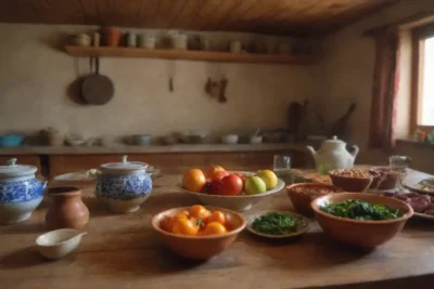 Cocina rústica con colores vibrantes