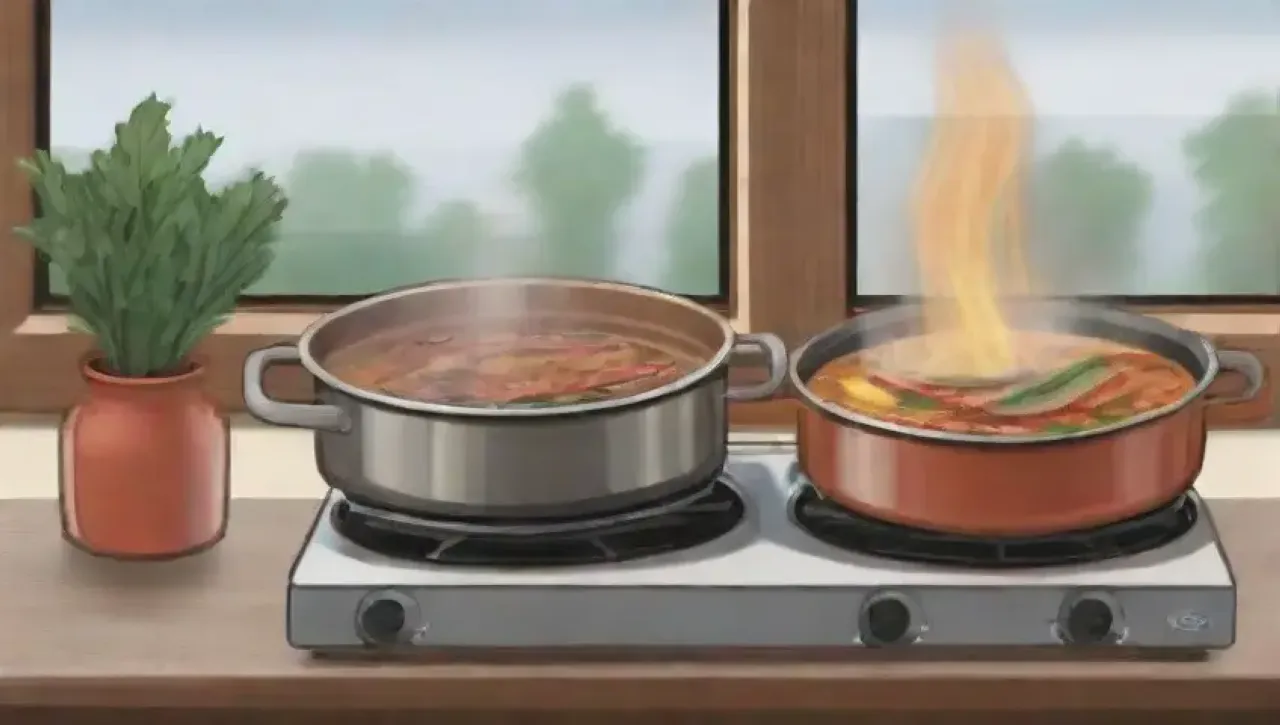 Una cocina vibrante con ollas brillantes, aromas de hierbas y platos coloridos listos para servir