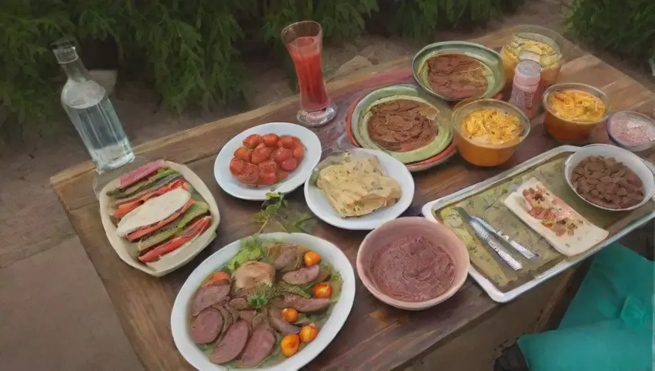 Una mesa vibrante con platos coloridos, comida deliciosa, risas y un ambiente acogedor