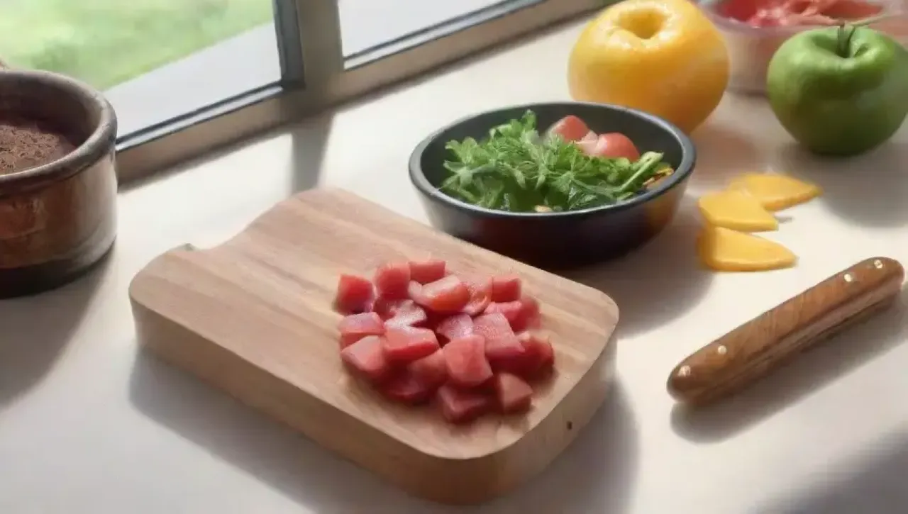 Una cocina vibrante y soleada, llena de cuchillos, verduras frescas y un ambiente acogedor