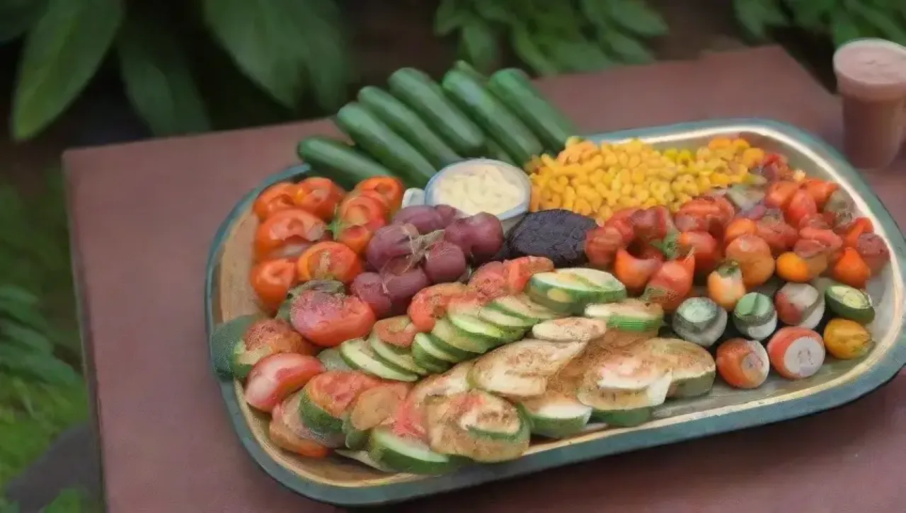 Una colorida y vibrante parrillada de verduras frescas en un patio soleado, rodeada de risas y buena compañía