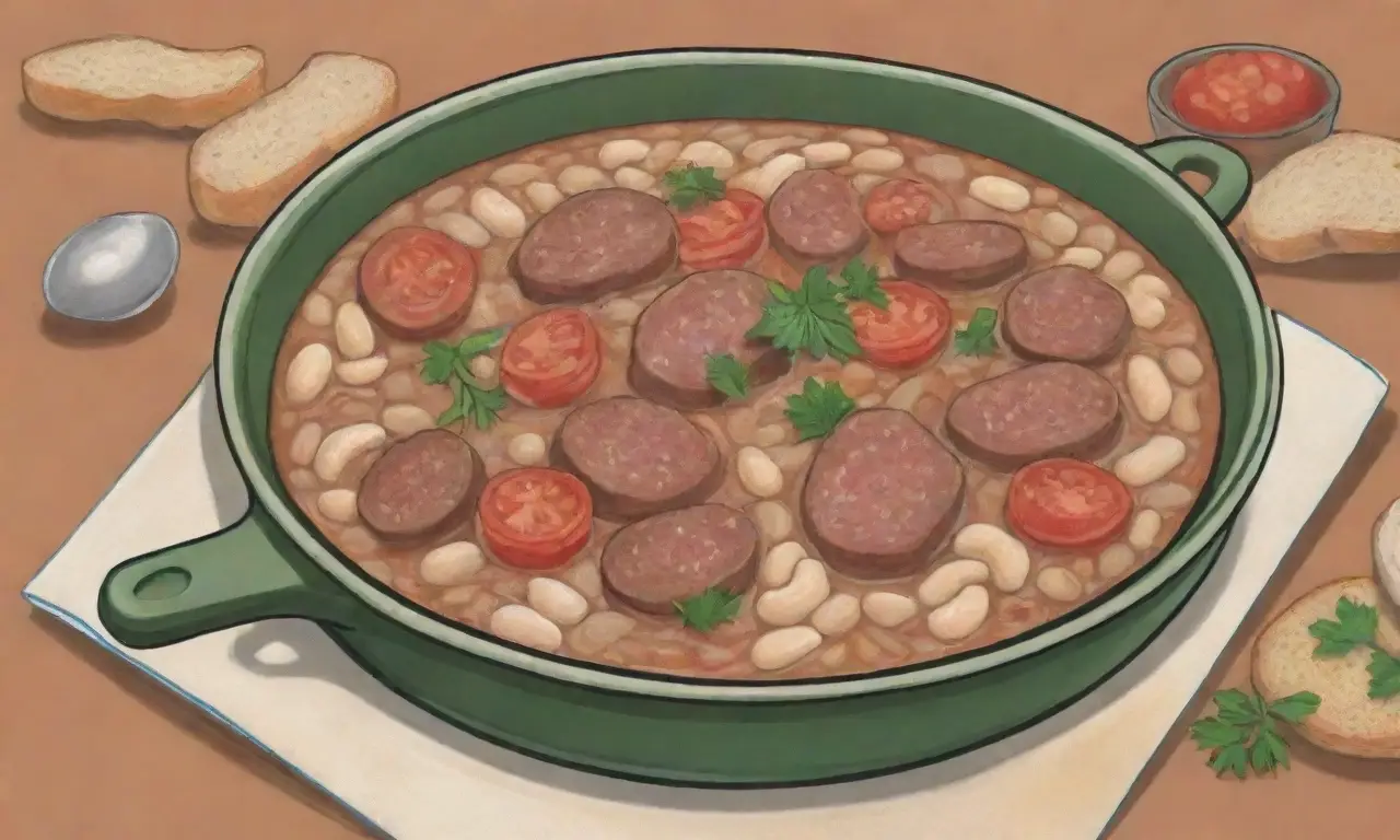 Ingredientes clave: judías blancas, confit de pato, salchicha de cerdo, ajo, tomate, hierbas, cocción lenta, receta tradicional de Toulouse
