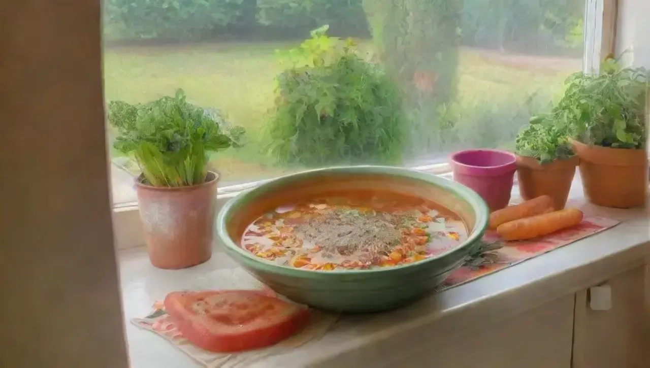 Una cocina vibrante y acogedora, llena de luz, aromas y color, donde se prepara una sopa familiar