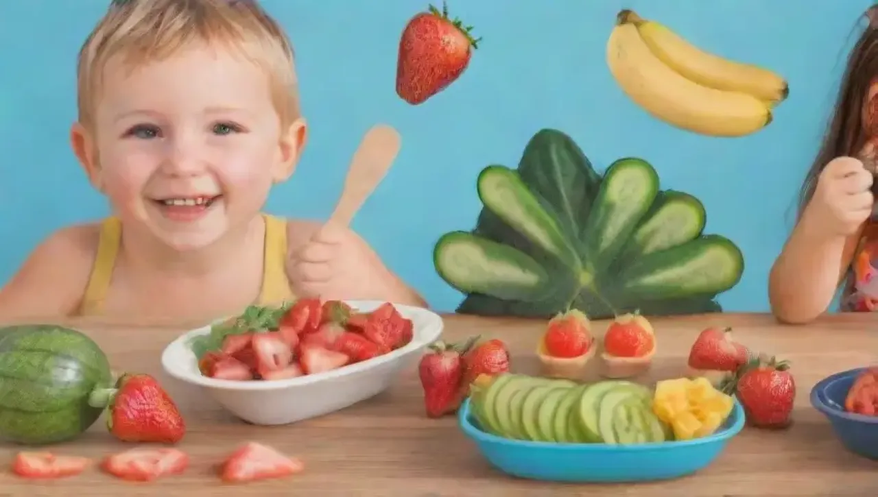 Una colorida y divertida variedad de frutas y verduras saludables