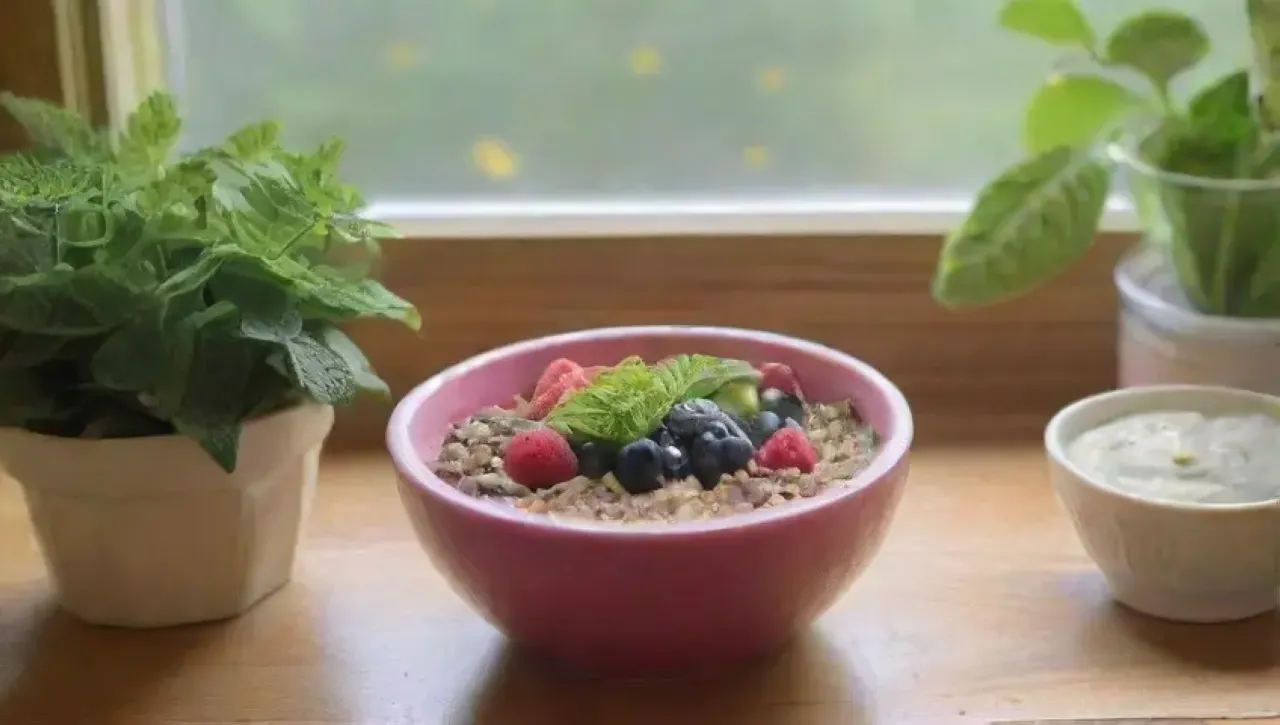 La cocina está llena de luz, frutas frescas, yogur, té y un ambiente saludable