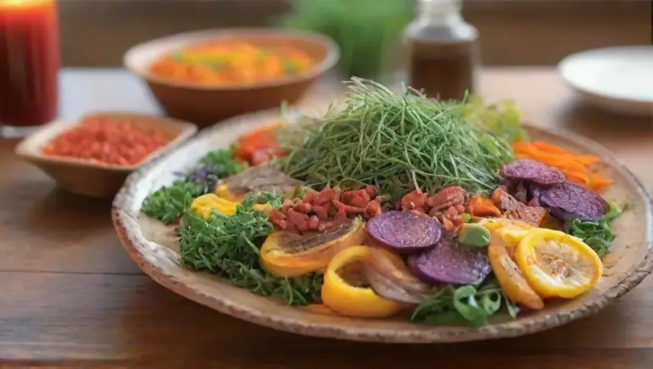 Una mesa rústica y colorida llena de platos vibrantes y frescos ingredientes