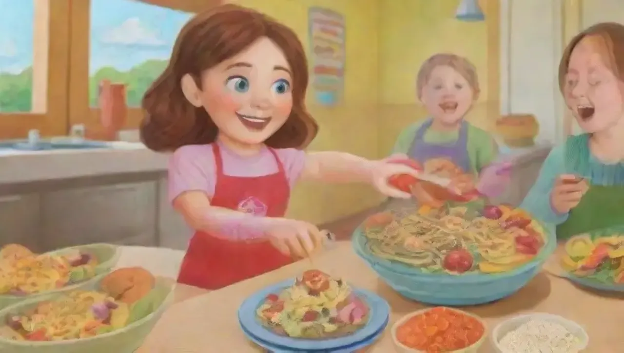 Un alegre desayuno en una cocina colorida con niños cocinando omelets