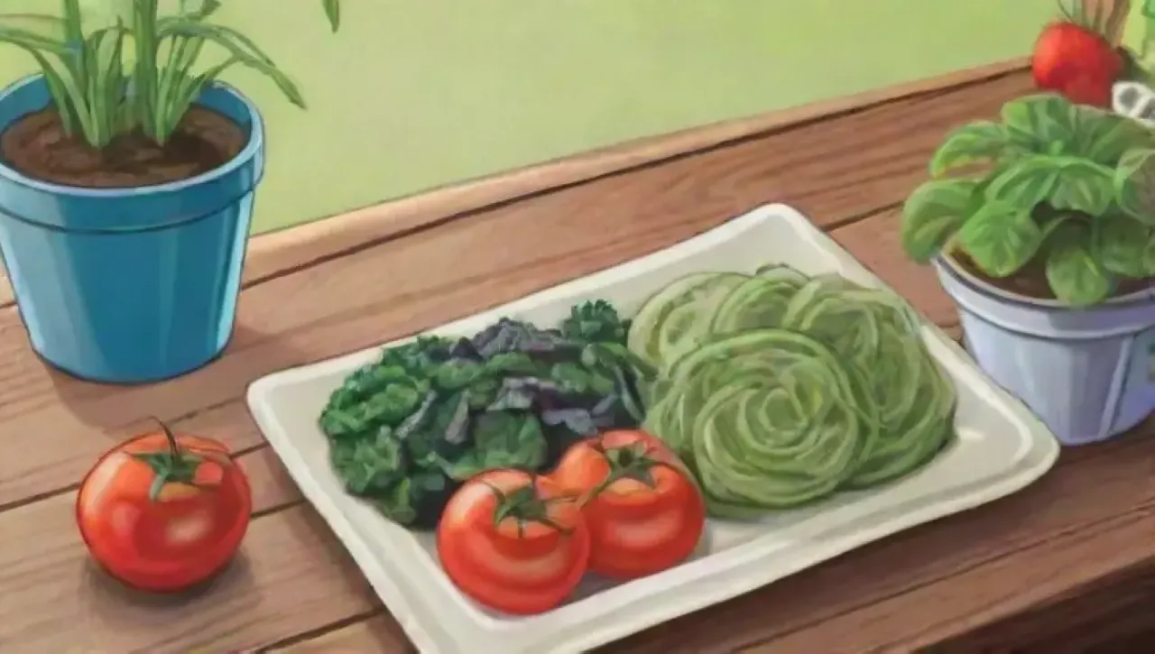 Un fondo verde vibrante con vegetales coloridos, un libro de cocina vegana y una atmósfera serena que celebra la naturaleza