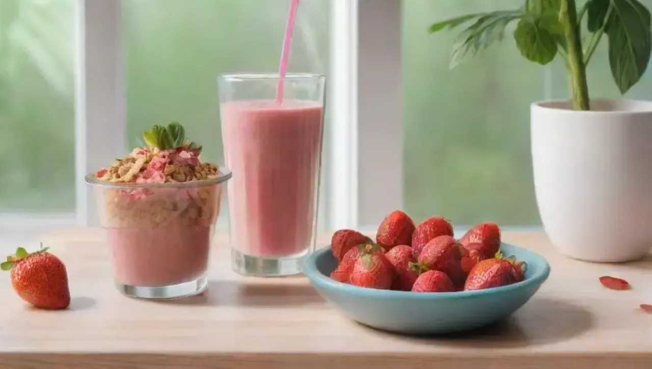 Fresas rojas, yogur blanco, batidora, menta fresca y un ambiente alegre en la cocina
