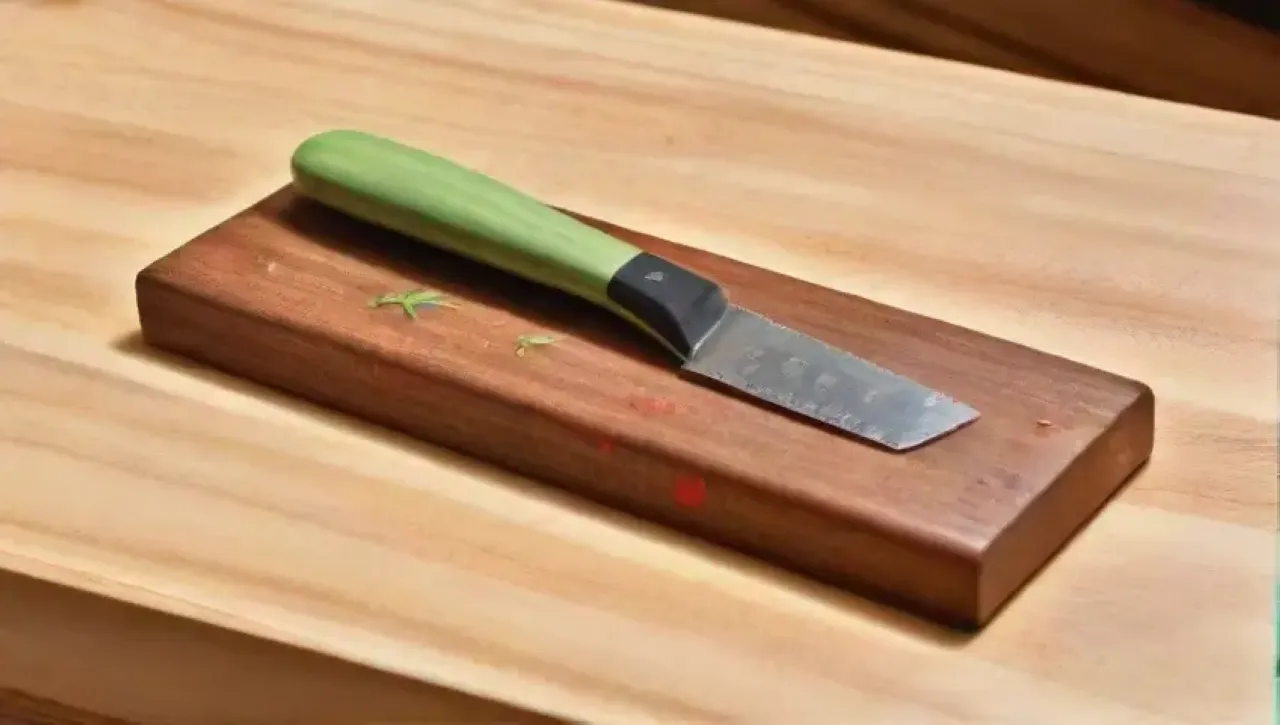 Un cuchillo de cocina brillante descansa en una tabla de madera junto a un tomate fresco y herramientas de medición, todo iluminado por la luz del sol