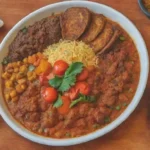 Imágenes vibrantes de comida etíope acompañadas de gráficos coloridos y elementos culturales