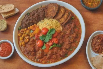 Imágenes vibrantes de comida etíope acompañadas de gráficos coloridos y elementos culturales