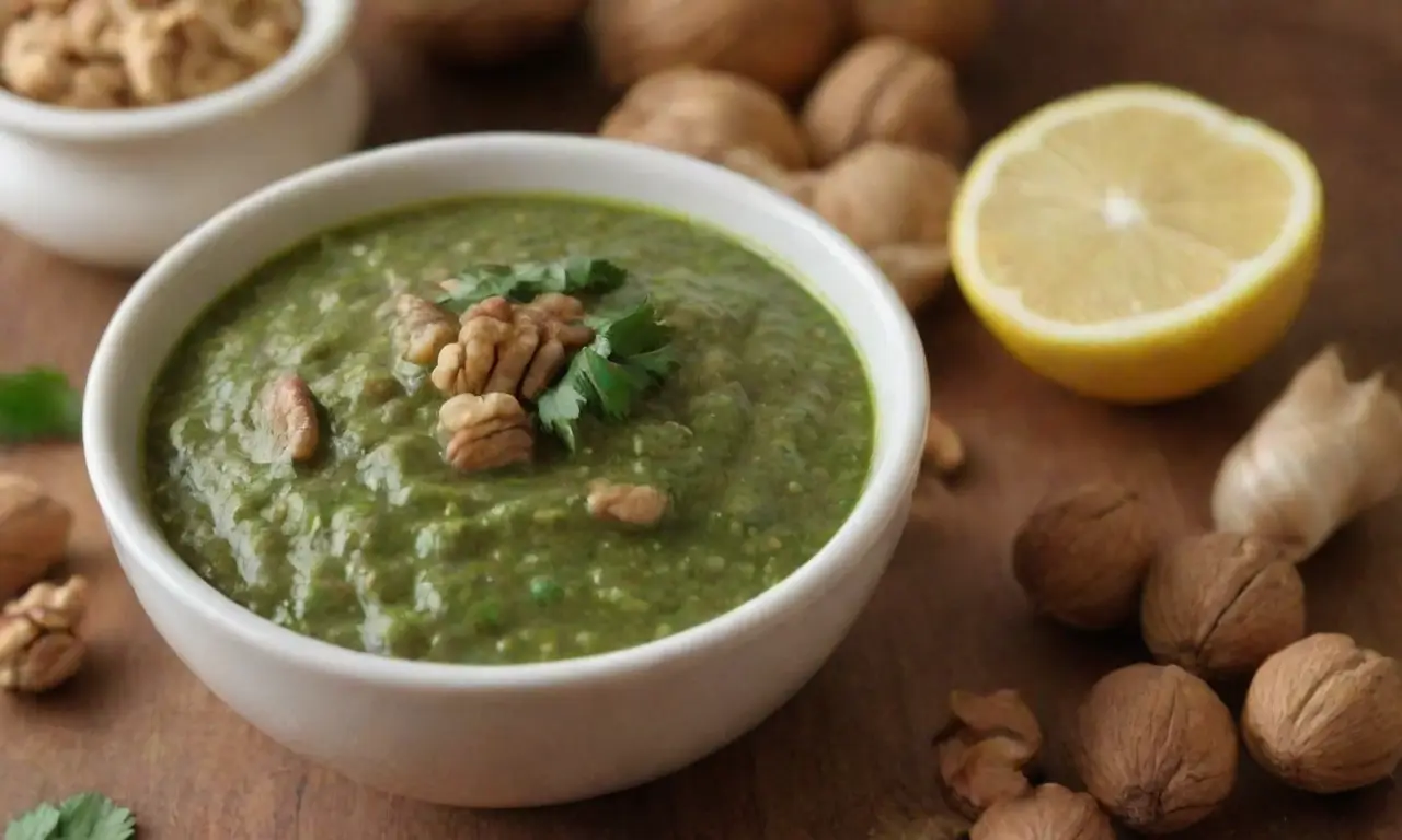 Salsa deliciosa de cilantro, ajo, limón, aceite de oliva, nueces y especias