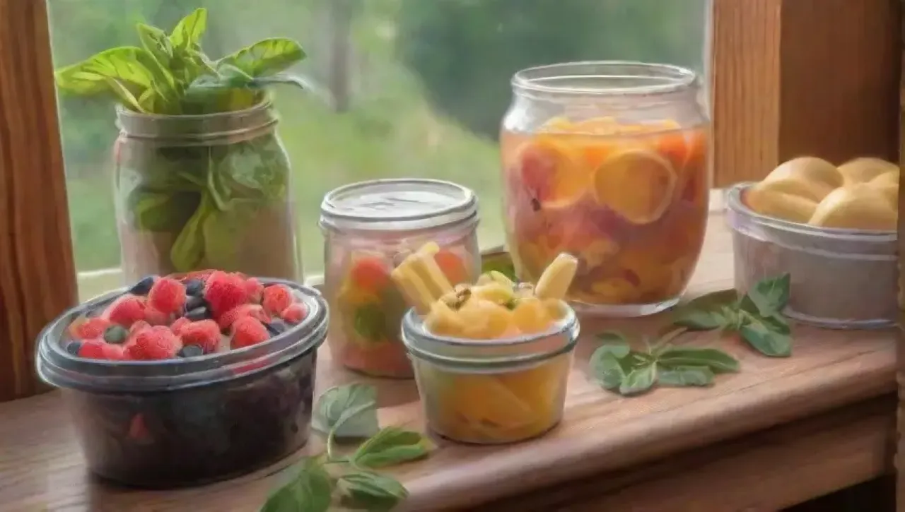Una colorida y fresca composición de frutas y verduras en un ambiente alegre y natural