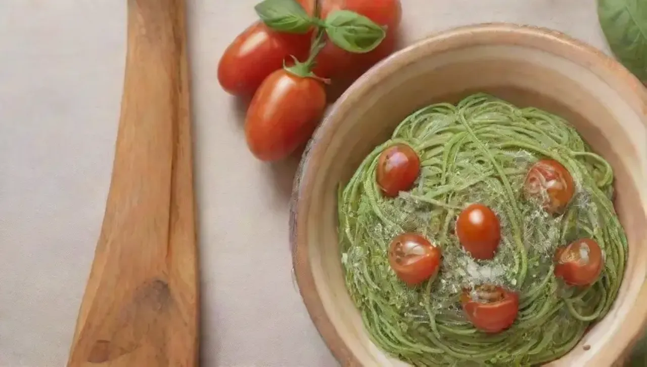 Un delicioso plato de espaguetis al pesto con ingredientes frescos y un toque de elegancia