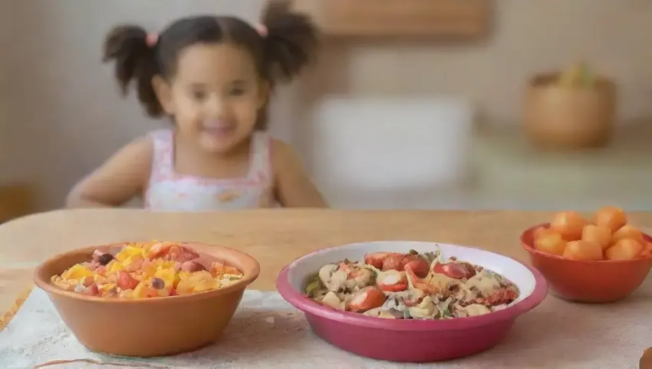 Una escena familiar llena de alimentos saludables y coloridos
