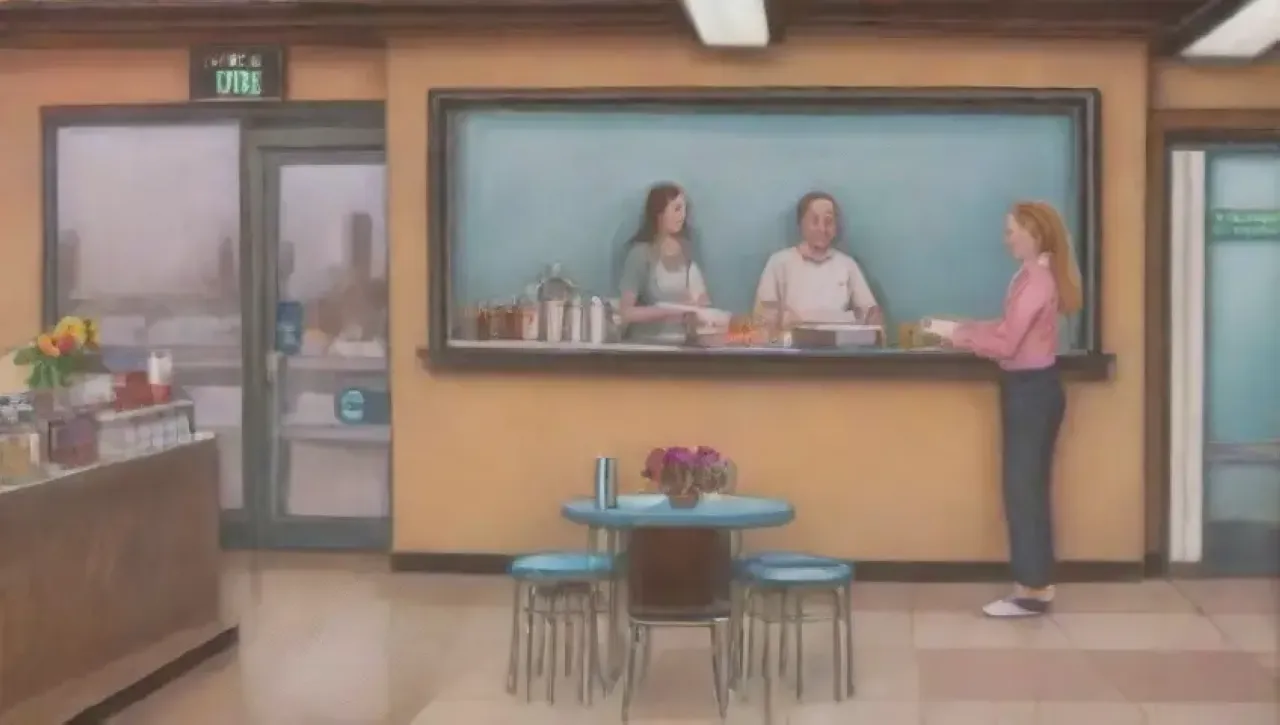 Un restaurante colorido y acogedor con personal sonriente, comida bien presentada y un ambiente limpio y comunitario