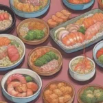 Platos japoneses coloridos y variados