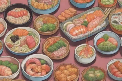 Platos japoneses coloridos y variados