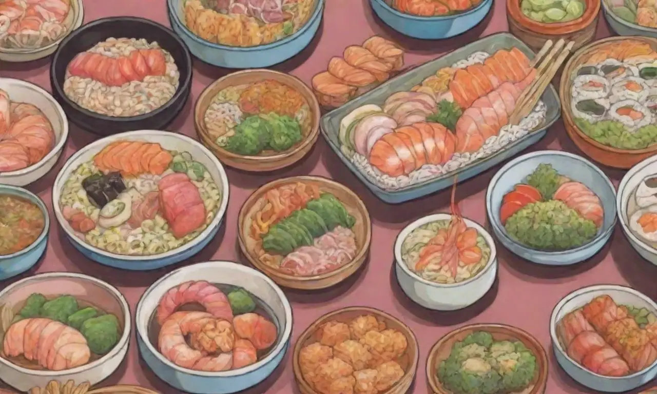 Platos japoneses coloridos y variados