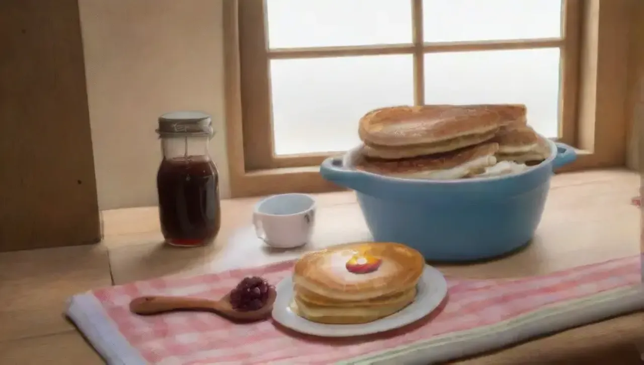 Una cocina rústica y acogedora llena de deliciosos pancakes y aromas tentadores