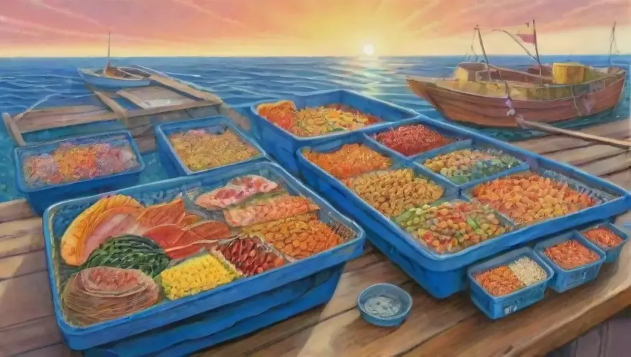 Una escena costera vibrante con pesca sostenible, familia reunida y una comida saludable