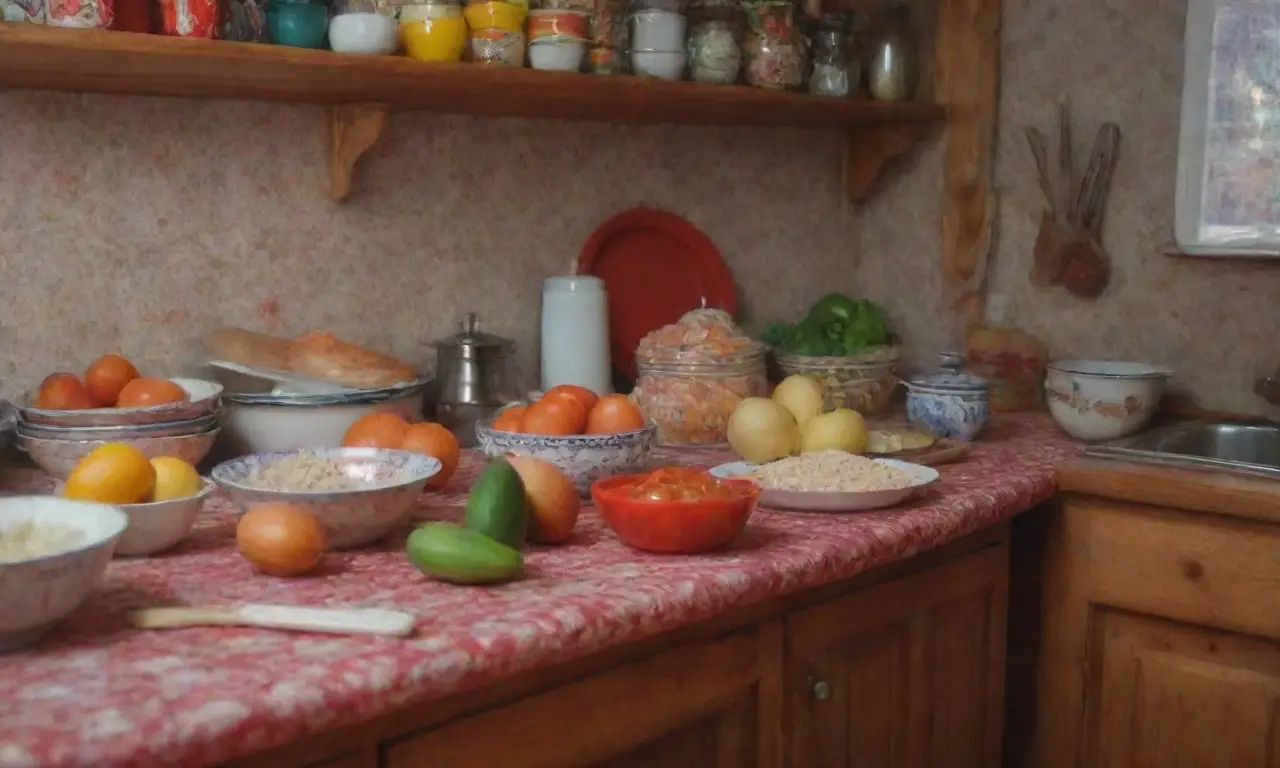 Cocina colorida y funcional con elementos rusos tradicionales
