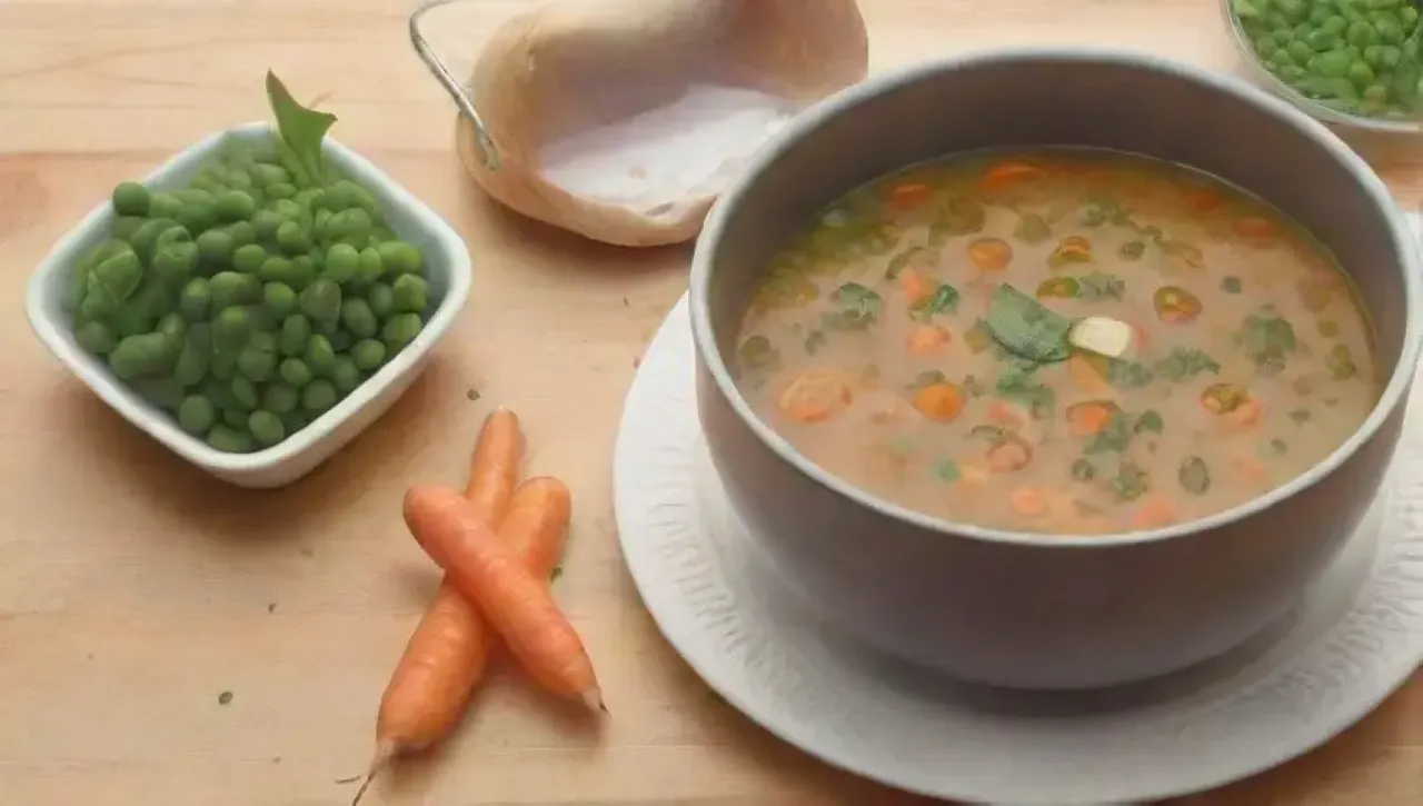 Una cocina vibrante con sopa humeante, verduras frescas y un ambiente de urgencia