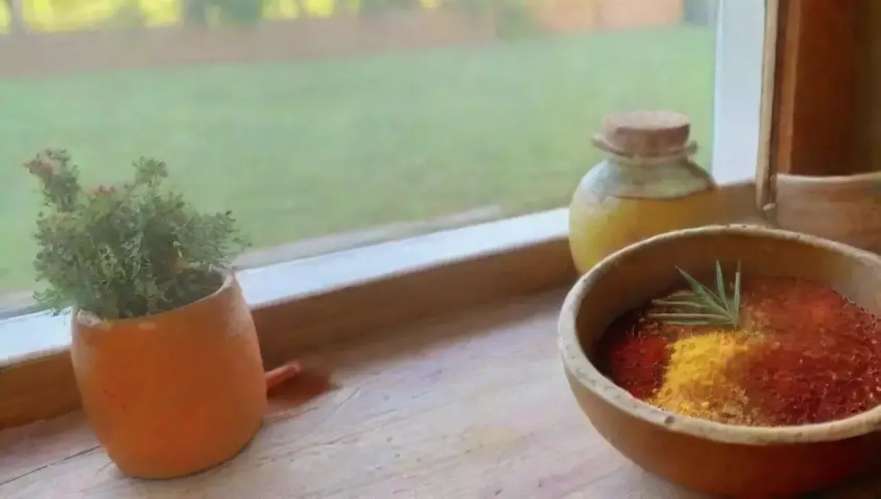 Una mesa rústica llena de especias vibrantes y un ambiente acogedor en la cocina