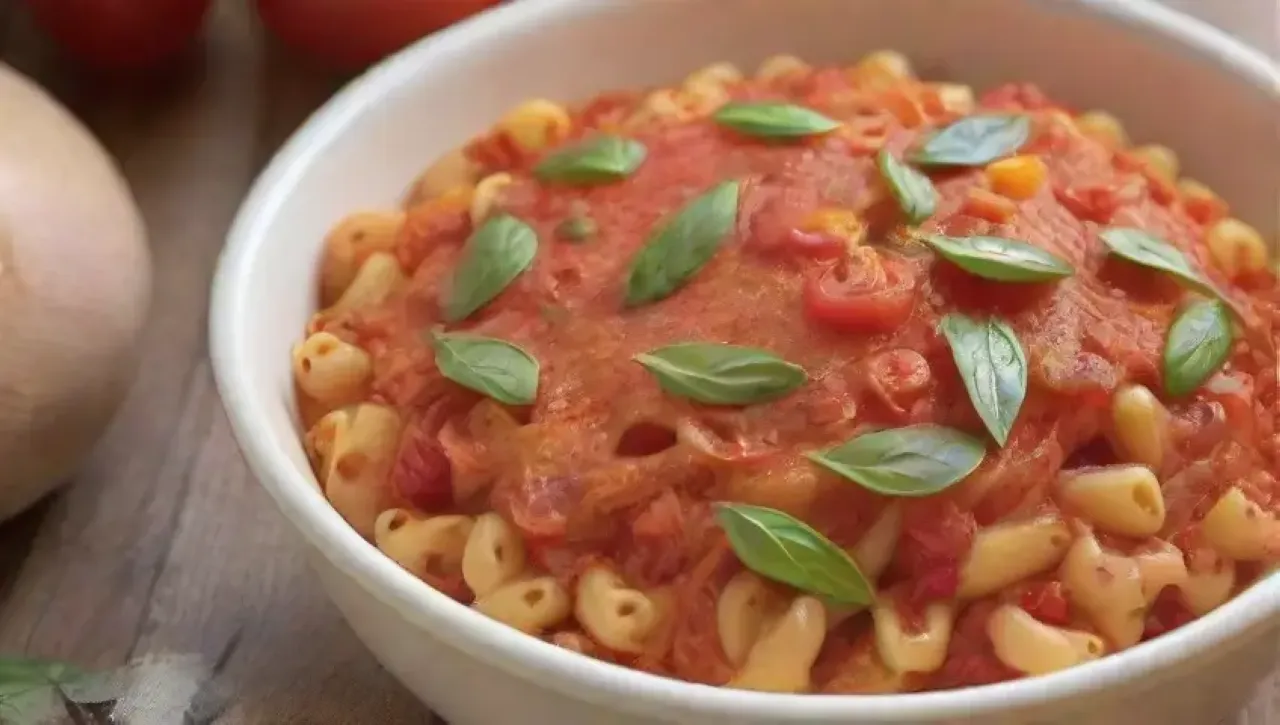 Una colorida pasta con albahaca, aceite de oliva, parmesano y tomates, en un ambiente acogedor y familiar