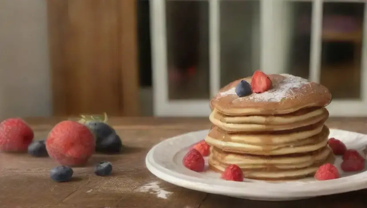 Pancakes esponjosos con jarabe de arce, frutas y un ambiente acogedor en una cocina familiar