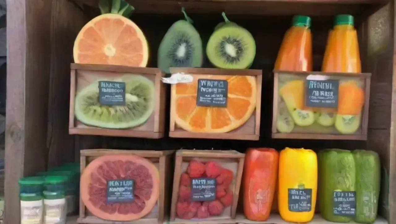 Jugos frescos y coloridos en envases ecológicos rodeados de frutas y verduras vibrantes