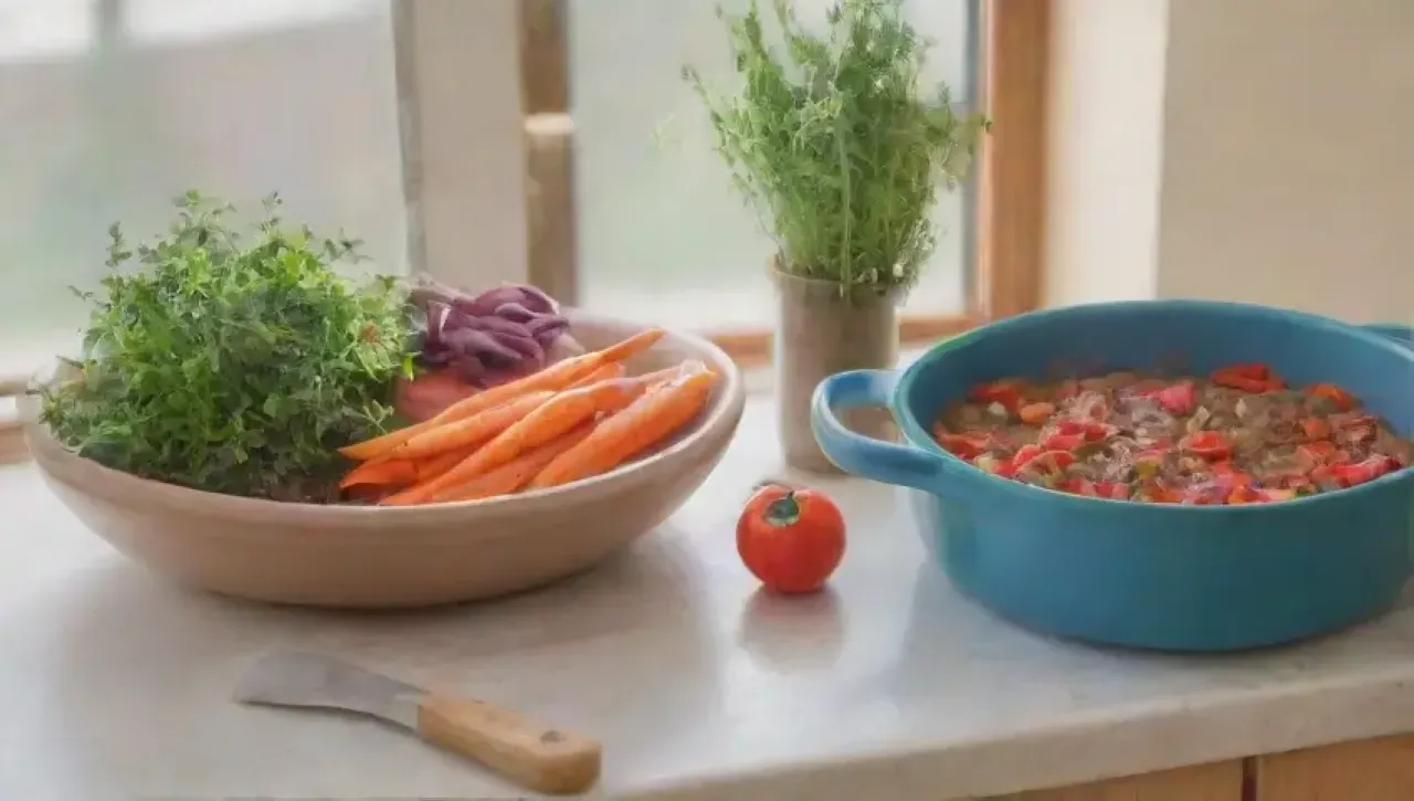 Una cocina vibrante y acogedora llena de ingredientes frescos y familia riendo