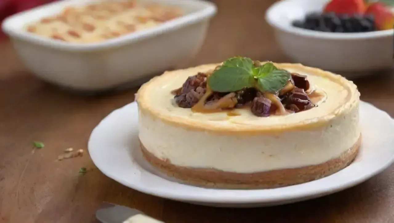 Un delicioso cheesecake rodeado de amigos y risas en una acogedora cocina