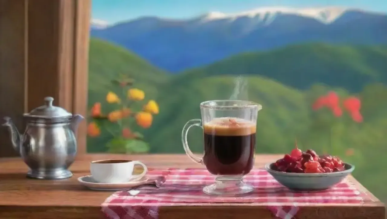 Una vibrante finca cafetera colombiana con café frío, un ambiente acogedor y un día de verano perfecto