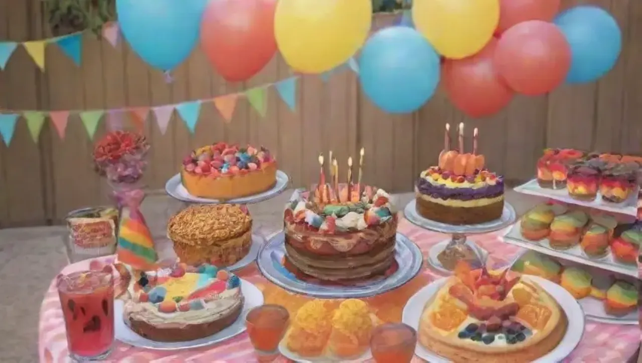 Una fiesta de cumpleaños vibrante con globos, pastel, comida, risas y decoraciones festivas