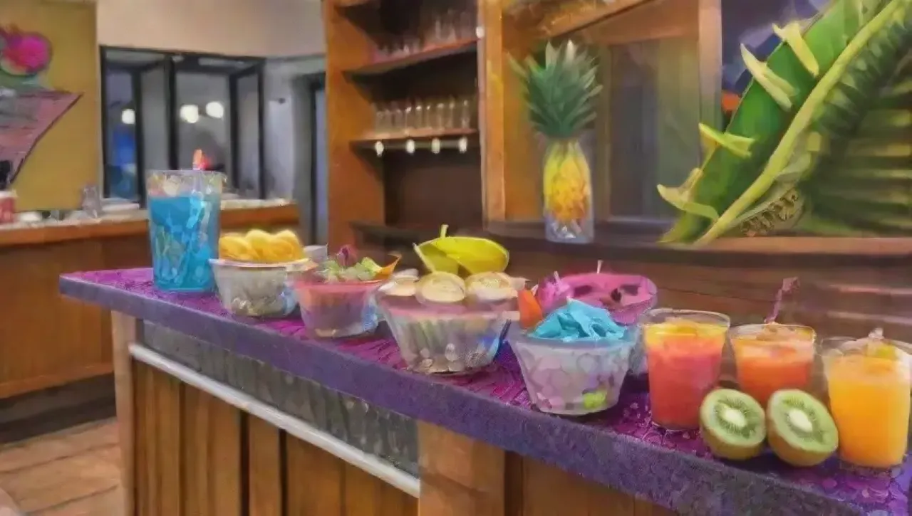 Cócteles tropicales vibrantes con frutas exóticas y un ambiente festivo