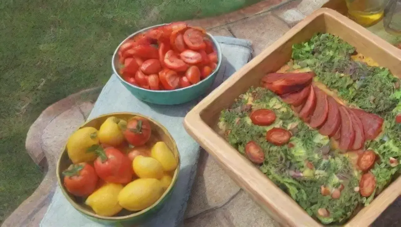 Cocina luminosa y colorida con ingredientes frescos y presentación apetecible