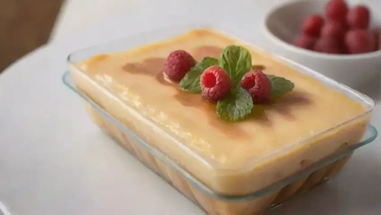 Postre atractivo con flan cremoso, colores vibrantes y un ambiente acogedor