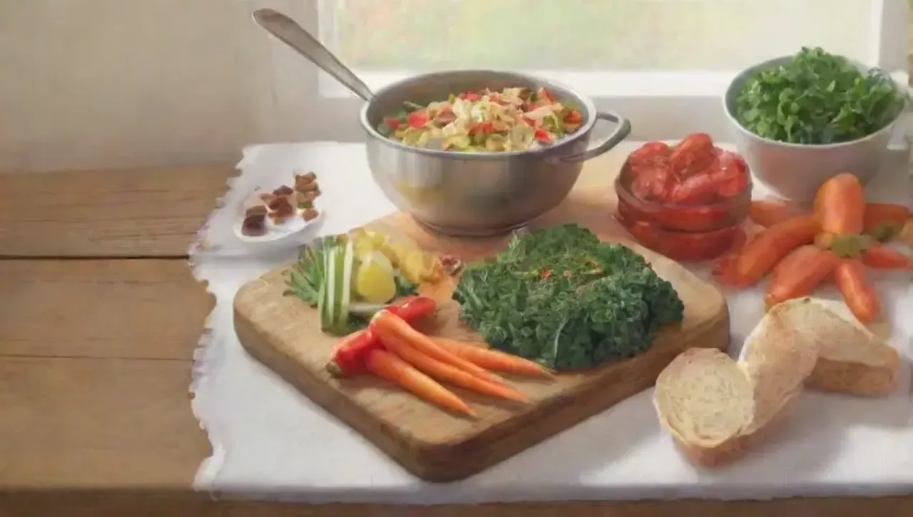 Una colorida sopa humeante se prepara en una acogedora cocina