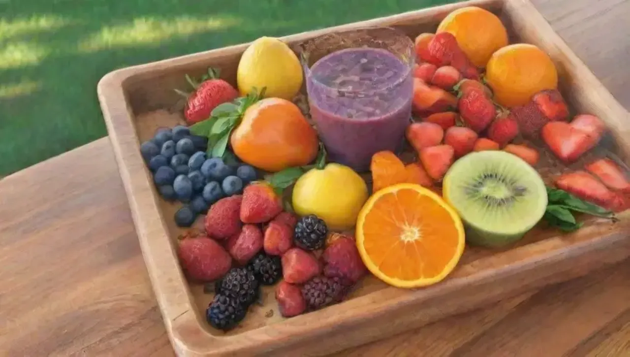Frutas vibrantes y frescas en un ambiente soleado, creando smoothies coloridos y saludables