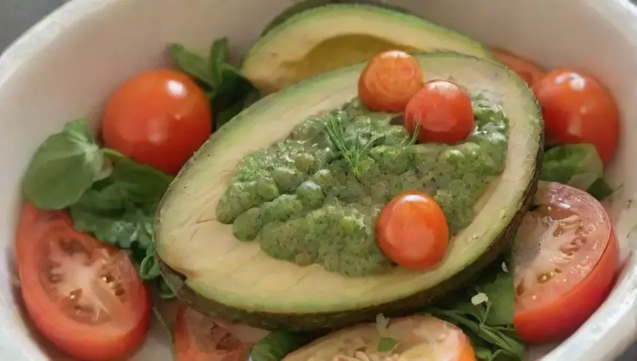 Una colorida y fresca ensalada de aguacate, favas y tomates, lista para disfrutar