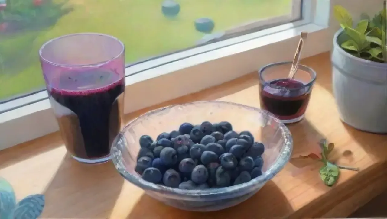 Arándanos vibrantes y jugo morado en una mesa rústica, creando un ambiente acogedor y saludable