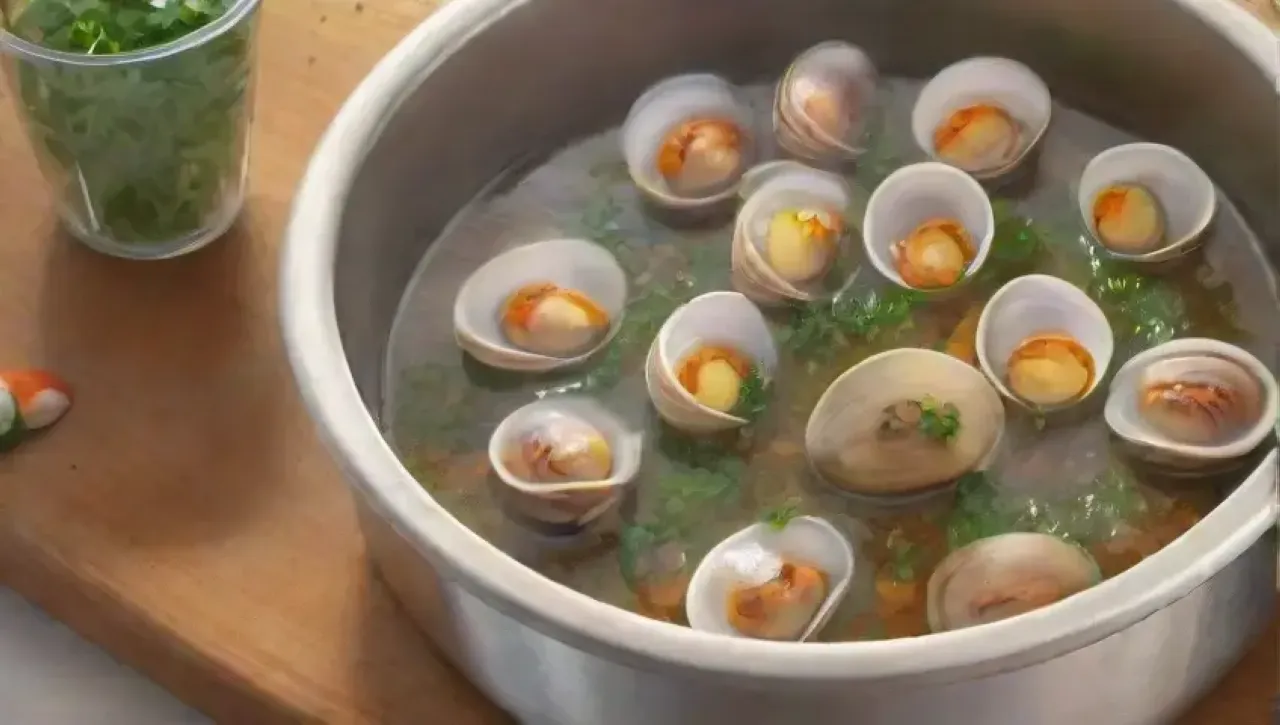 Una cocina vibrante con mariscos frescos, hierbas, limón, vino y aromas tentadores